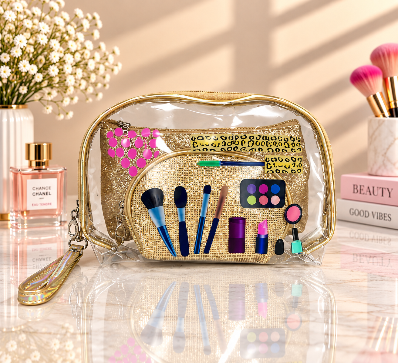 Transparent cosmetic organizer pouch set with gold glitter trim and glam print makeup tools.